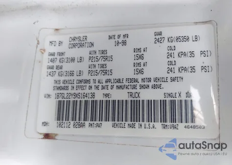 1999 Dodge Dakota Slt/Sport из США, поврежденный, VIN 1B7GL22Y9XS164138